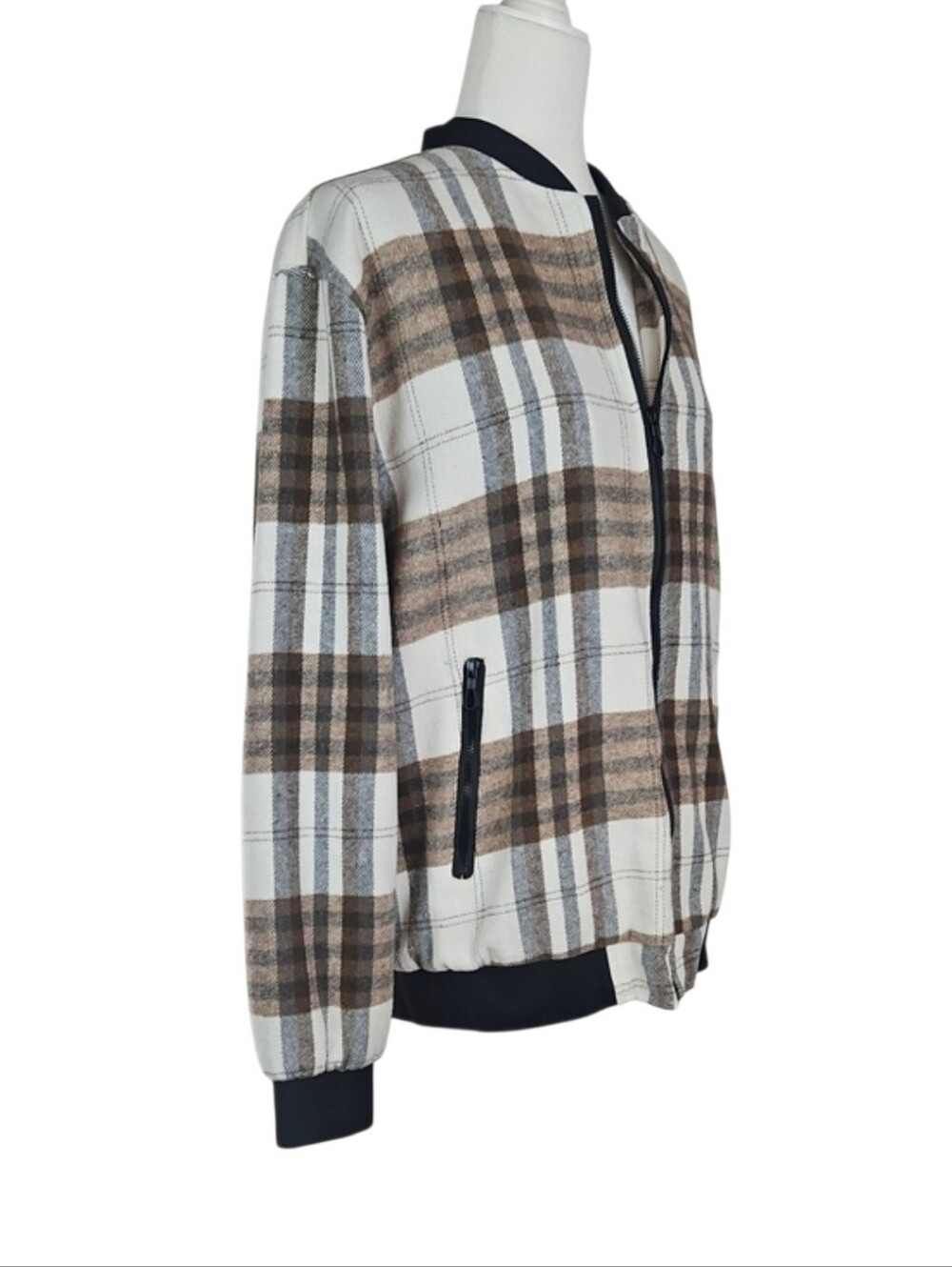 Collegiate Plaid Bomber Jacket Milk Chocolate Brown Cream Black Academia Fall L - Picture 4 of 8